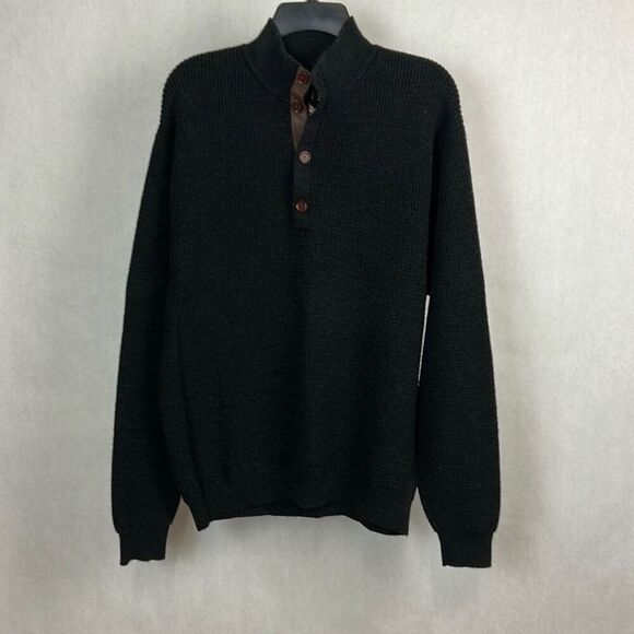 Orvis Black Button Mockneck Sweater 100% Wool Mens Sz Large Leather Trim Knit - Picture 1 of 10